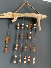 Driftwood Orange Beaded Pearl Bronze Chain Sun Catcher Home Decor Wind Chime