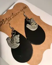 Handmade Earrings:Black Leather Tear Drop Pewter Dove/Bronze Peace Sign Boho NEW