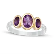 Oval Rose de France and Purple Amethyst and White Topaz Three Stone Ring in Sterling Silver and Solid 14K Gold Plate