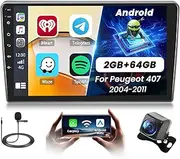 2+64G Android Car Radio for Peugeot 407 2004 2005 2006 2007 2008 2009 2010 2011 with Wireless Carpaly & Android Car, 9 Inch IPS Touchscreen Radio with Bluetooth/GPS/Rear View Camera/FM/WiFi/SWC