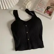 Plain Button Ribbed Padded Cami Top Black - One Size