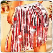 [COSYDAYS] Christmas Sparkly Sequin Skirt Red and Green Fringe Tassel Skirt Belly Dance Hip Scarf for Women