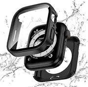 GEITOO 2 in 1 Waterproof Case for Apple Watch Series 6 5 4 SE 44mm, Straight Edge PC Front & Back Bumper with Tempered Glass Screen Protector 360 Protective Cover for iWatch (44mm, Black)