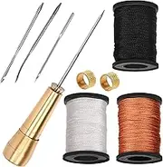Tanstic 10Pcs Leather Sewing Awl Kit, Includes Leather Sewing Awl Needle with Copper Handle, 3 Colors Nylon Cord Thread and Thimbles for Handmade DIY Sewing Repairing Canvas Leather