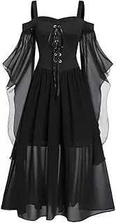 [Hiliby] Gothic Lace Dress Plus Size Plus Lace Sleeve Shoulder Size Up Dress Halloween Cold Womne Women's Dress Uu-Style Super Danganronpa 2 Mikan Tsumiki Cosplay Costume Black