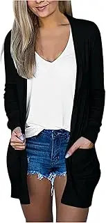 [Generic] Ladies V-Neck Long Sleeved Coat With Pockets Solid Outerwear Cardigan Women's Cinched Denim Jacket For Girls Black Blazer Lightweight Raincoat Womens White Padded Cropped Cardigans