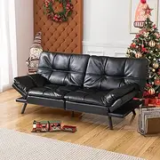 [Cozysnooze] Convertible Futon Sofa Bed Couch,Faux Leather Futon Sofa Couch,Memory Foam Futons,Small Splitback Modern Loveseat Sleeper Couch Bed for Living Room,Office,Apartment,Bright Black