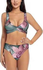 [JEJEA] Orchid Flower Butterfly Soft Fresh Spring Print Women Swimsuit, Women'S High-Waisted Bikini Set, Two-Piece Sport Bathing Suits, Black, XXL