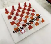 White Marble & Red Onyx Chess , Vintage Marble Chess Set Collection For Him