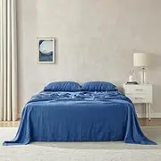 Natural Home 100% Soft European French Flax Linen Sheet Set - Queen Bed Soft & Breathable Deep Blue - 1 Flat Sheet, 1 Fitted Sheet, 2 Pillowcases