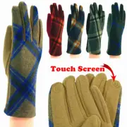 Womens Tartan Check Plaid Soft Winter Wool Gloves W/Button Accents Touch Screen