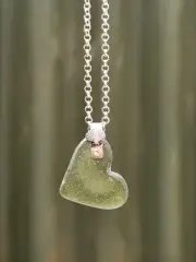 Seaglass Pendant Necklace Sterling Silver, Green Sea Glass Heart Clam Shell