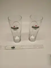 Heineken Pilsner Tall Beer Glasses 2 with Red Star Logo Incudes Foam Head Knife