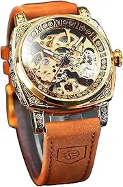[FORSINING] Square Luxury Retro Mechanical Watch for Men, Gorgeous Hollow Skeleton Self-Wind Carved Automatic Watches Vintage Leather Strap Wristwatch Silver Dail Black Strap
