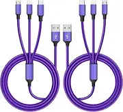 Firsting Multi Charging Cable(2Pack 4FT), Nylon Braided 3 in 1 Universal Charger Cable Multiple Charger Cord with Type-C/Micro USB and IP Port, Compatible with Most Cell Phones（Purple）