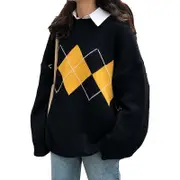 Nevenka Women Plaid Sweater Preppy Style Vintage Pullover-Black