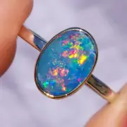 14K Gold and Silver Two-Tone Australian Opal Ring, SIZE US 7 3/4, Dainty Ring