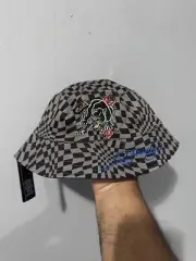 Vintage Y2K ED HARDY Checkerboard Embroidered Tiger Reversible Men's Bucket Hat