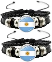 2 Argentina Flag Vintage Woven Leather Bracelets, Handmade Beaded Adjustable Bracelet, Argentina Soccer Basketball Fan Bracelet, Argentina Travel Souvenir, One Size, Leather, no gemstone