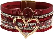 [AIMALL] Elegant Women's Leather Bracelet with Heart Charms and Secure Magnetic Closure, Fashionable Alloy Accessory, Lightweight and Comfortable Design (Big-Red)