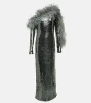 [Taller Marmo] Taller Marmo Garbo Disco feather-trimmed sequined gown AU 4 silver