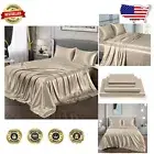 Soft King Size Satin Bed Sheets Set - 4 Pieces with Pillowcases in Taupe Color