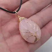 Handcrafted Copper Wire Tree of Life Pendant Necklace Natural Stone Rose Quartz