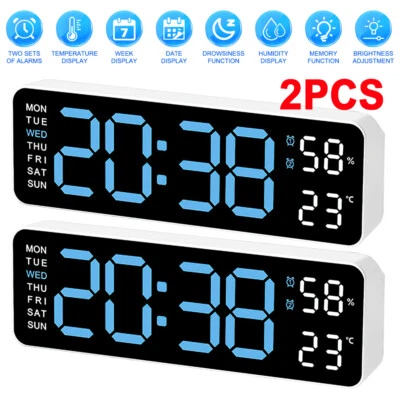 2PCS LED Digital Alarm Clock Wall Desk Clock Temperature Date Week Large Display