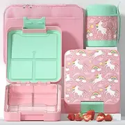 Bento Lunch Box for Kids with 11oz Soup Thermo, Leakproof Lunch Containers with Thermos for Hot Food, Food Thermos and Insulated Lunch Bag for Kids to School (Pink-Unicorn)