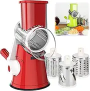 Spendeal Rotary Cheese Grater, 3 in 1 Cheese Shredder Grater Rotary with Handle, Vegetable Mandoline Slicer Shredder for Vegetable, Cheese, Nut (Red)