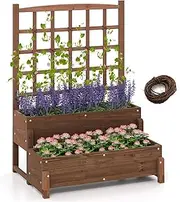 Costway Raised Garden Bed with Trellis, 2-Tier Wood Planter Box w/Drainage Holes, Legs, Twisting Rope, Outdoor Rectangular Vegetables Flowers Growing Box for Backyard, Garden, Lawn