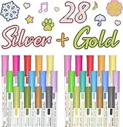28 Pack Double Line Outline Markers, 14 Silver and 14 Gold Colours Squiggles Shimmer Markers Set, Self Outline Metallic Marker Pens for Drawing, Christmas Greeting Card, DIY Crafts