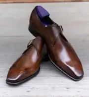 Handmade Men's Brown Cowhide Leather Single Monk Chiseled Toe Dress Formal Shoes
