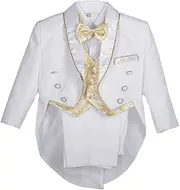 [Lito Angels] 5-Piece Suits & Jacket Set for Baby Boys, Gentleman Tuxedo Wedding Festive, Suit with Gold Vest, Black/White