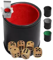 Set of (6) Real Wood 16mm Dice D6 + Black PU Leather Premium Felt Lined Dice Cup