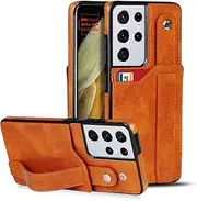 [Yidai-Silu] Galaxy A73 5G PU Leather Case【Card Holder，Kickstand Function，RFID Protection】 Wallet Case Hand Strap Shockproof Finger Clip Back Cover for Samsung Galaxy A73 5G - Khaki