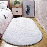 Oval Fluffy Ultra Soft Area Rugs for Bedroom Plush Shaggy Carpet for Kids Room Bedside Nursery Mats, 2.6 x 5.3ft,White,80x160cm