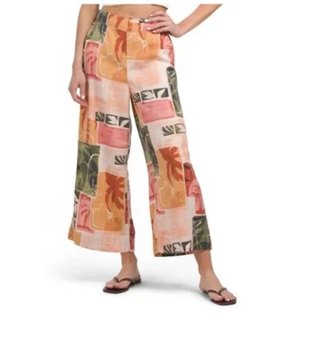 NICOLE MILLER NEW YORK Sz L tropical Printed Cropped Wide Leg Pants