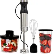Kenmore Variable Speed Immersion Blender With Food Chopper & Whisk - Hand Blender With Turbo Pulse - Stainless Steel Quad Blades - Handheld Blending Stick - 700mL Beaker & Storage Lid - Black & Silver