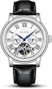 [Sea-Gull] 2021 Seagull Men's Watch Hollow Automatic Mechanical Watch Calendar Potential Multifunction Flywheel Business Watches, White- D819.626, Strap