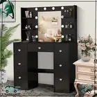 Modern LED Lighted Dressing Table Set Black Vanity Desk with Large Makeup Mirror