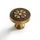 Antique Brass Flowers Cabinet KnobsRound Gold Carved Dresser Handles Hardware...