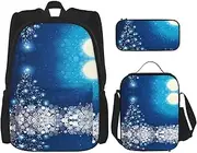 Colorful Galaxy Music Note Lightweight Waterproof Backpack (3-Piece Set) with Lunch Bag, Pencil case for Office School, Blue Christmas Snowflake, One Size