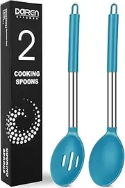 Pack of 2 Large Silicone Cooking Spoons, Non-Stick Stainless Steel Slotted and Solid Spoon Set for Serving, Mixing, Draining, Heat Resistant, Scratch Resistant and BPA Free Kitchen Scoops (Blue)