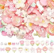 SOFPLATE 120Pcs 7 Styles Pink Cabochons Assorted Resin Charms Bulk Flatback Transparent Animals Cute Tiger Rabbit Sakura Flower Bows Carrot Cabochon for DIY Crafts Jewelry Making Decor Embellishments