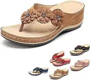 [LIUNJZXNS] Women's Orthopedic Arch Support Flowers Clip Toe Sandals,3D Floral Cutout with Flip Flops,Comfortable Open Toe Wedge Sandals, Brown, 7