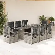 9 Piece Garden Dining Set with Cushions Grey Poly Rattan, Garden Furniture Sets