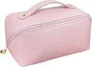 Travel Makeup Bag Large Capacity Cosmetics Bag PU Leather Water Resistant Makeup Organizer Bags Multifunctional Portable Open Flat Toiletry Bag with Handle (Pink)