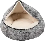 [PAWZ] Pet Dog Calming Bed Warm Soft Plush Sleeping Removable Cover Washable L, Large Fluffy Burrow Bed with Hooded Blanket, Snuggle Cozy Donut Cuddler Bed Cave for Cats Dogs Charcoal
