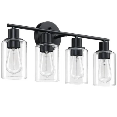 Uixe 23.09 in. 4-Light Matte Black Bathroom Vanity Light with Clear Glass Shades